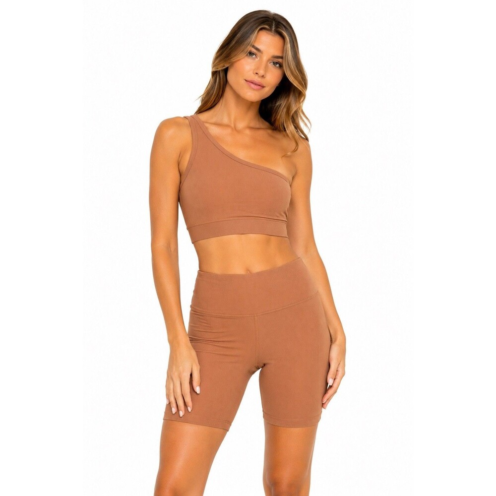 L*Space Session Ribbed One Shoulder Sports Bra & Biker Shorts Set XS/S Tan Brown